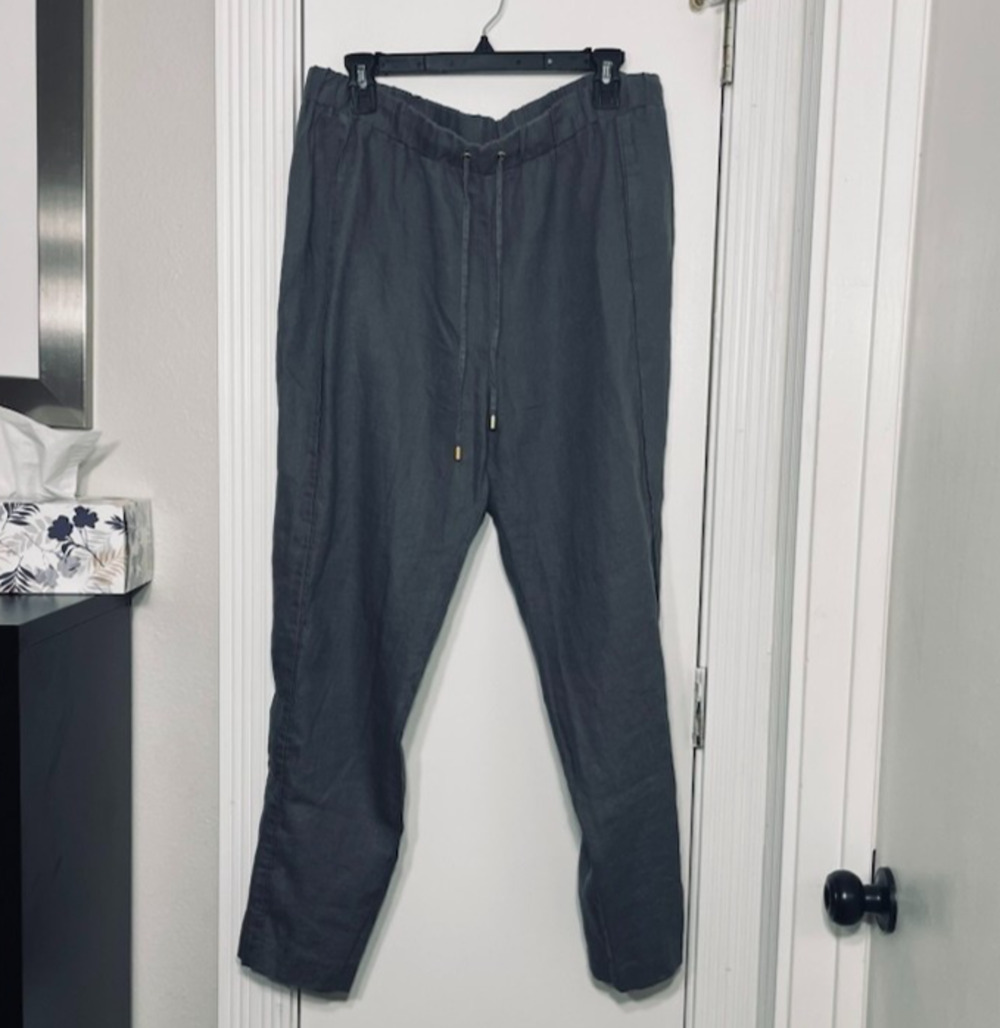 Ellen Tracy Linen Drawstring Pants Womens Large Grey High Rise Coastal Beachy L